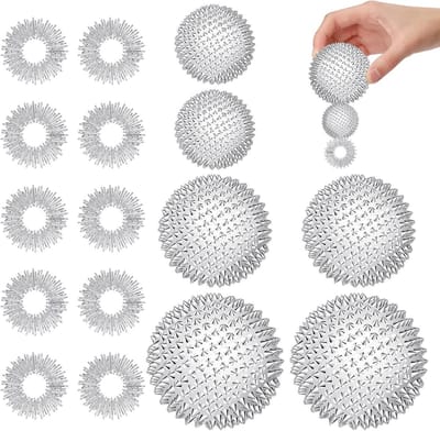 Allecto Plus - Set van 6 magnetische acupressuur ballen & 10 massage ringen voor vingers - Egel massage set - Stressverlichting massageballen - Verschillende maten - 32 mm/47 mm/56 mm