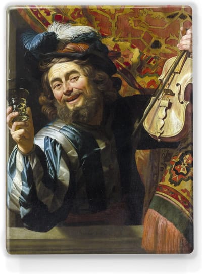 de vrolijke speelman - Gerard van Honthorst - 19,5 x 26 cm - Niet van echt te onderscheiden schilderijtje op hout - Mooier dan een print op canvas - Laqueprint.