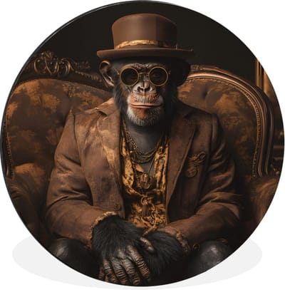 WallCircle - Wandcirkel - Muurcirkel - Chimpansee - Stoel - Pak - Bruin - Aluminium - Dibond - 30x30 cm - Binnen en Buiten