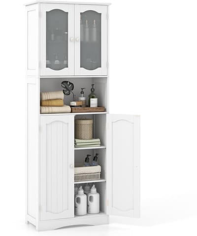 COSTWAY Badkamerkast, vrijstaande hoge kast met 4 deuren, open vak en verstelbare plank, badkamerkast met kantelbeveiliging voor woonkamer, badkamer, keuken (wit)
