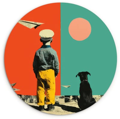 WallCircle® Wandcirkel 120x120 cm - Muurcirkel Retro - Jongen - Hond - Rood - Groen - Muurdecoratie woonkamer - Wanddecoratie slaapkamer - Kamer decoratie accessoires - Ronde schilderijen XXL