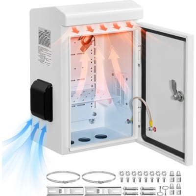 VEVOR Waterdichte Elektrische Kast IP65, Schakelkast van koudgewalst staal met thermostaat, ventilator en regenkap, afsluitbare buitenkast 30 x 20 x 40 cm