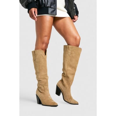 boohoo Dames Brede pasvorm faux suede cowboylaarzen | Taupe | Maat: 4