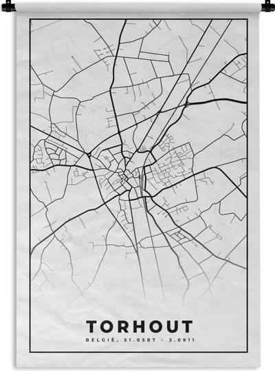 Wandkleed - Wanddoek - België – Torhout – Stadskaart – Kaart – Zwart Wit – Plattegrond - 120x180 cm - Wandtapijt