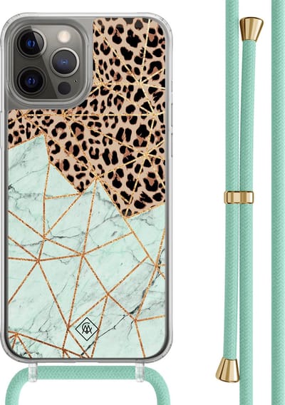 Casimoda® hoesje met mintgroen koord - Geschikt voor iPhone 12 Pro - Luipaard Marmer Mint - Afneembaar koord - TPU/polycarbonaat - Mint