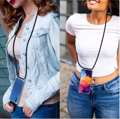 LuxeBass Telefoonhoesje met koord iPhone 7/8 Plus - Zwart - Inclusief Microfiber Doekje - Telefoonkoord - Backcover met Koord - Telefoonketting - Transparant