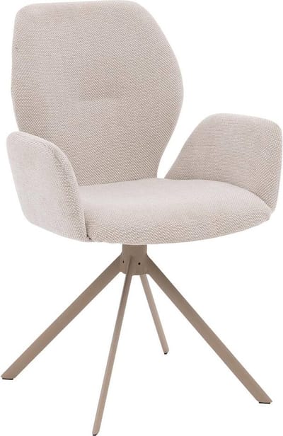 Goossens Eetkamerstoel Hera - Met Armleuning - Stof - Beige - Spinpoot rechte poot 360gr draaibaar returnfunctie
