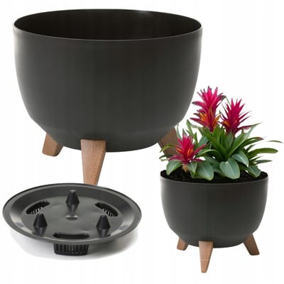 Roma 24cm Zwarte Mat Pot met Houten Look Poten