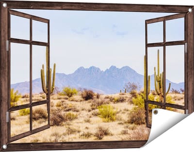 Gards Tuinposter Doorkijk Cactussen in de Woestijn - 90x60 cm - Tuindoek - Tuindecoratie - Wanddecoratie buiten - Tuinschilderij