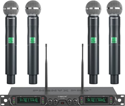 4-Kanaals UHF Draadloos Microfoonsysteem met Vier Handmicrofoons, Volledig Metalen
