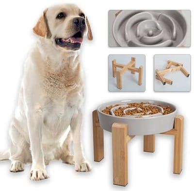 Verhoogde Hondenvoerbak - Anti-schrokbak Hond Keramische Voerbak - Gezond Eten Bevorderen - Puzzeldoolhof Ontwerp - 225 cm - Grijs