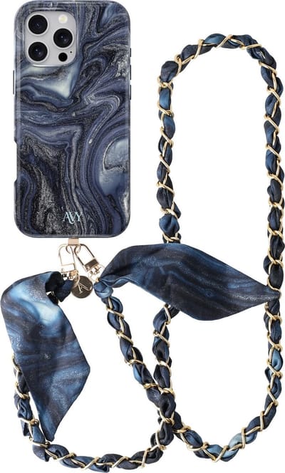 AVY Hoesje Met Telefoonkoord | Geschikt voor Apple iPhone 16 Pro Max | Compatibel met MagSafe & Qi2 | Hard Shell Back Cover | Stijlvol Bijpassend Koord Crossbody (120CM) | Obscura Blue