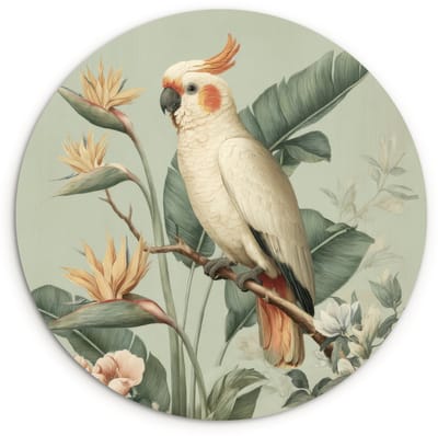 WallCircle® Wandcirkel 120x120 cm - Muurcirkel Gele kuifkaketoe - paradijsvogelbloemen - Groen - Muurdecoratie woonkamer - Wanddecoratie slaapkamer - Kamer decoratie accessoires - Ronde schilderijen XXL