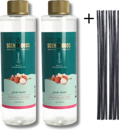 Scentmoods Geurstokjes Navulling Freesia Lychee Set van 2 + 12 Geurstokjes - Geurverspreider - Luchtverfrisser - Huisparfum - 400ml x 2