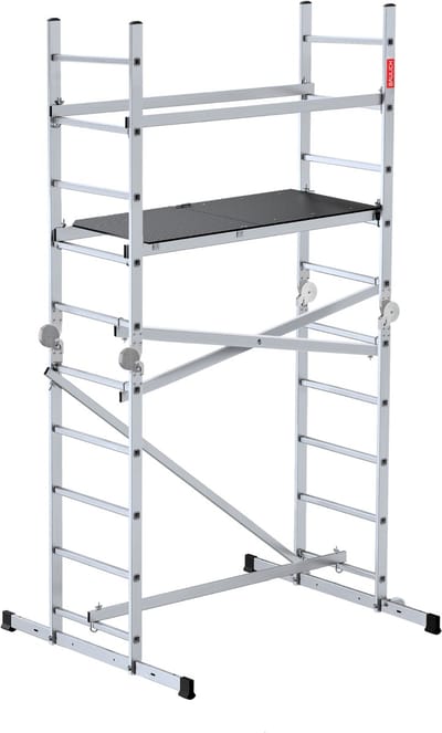 Baulich Multifunctioneel rijdend steiger 3-in-1 van aluminium met werkplatform - 20 treden - draagvermogen 150 kg, maximale werkhoogte 400 cm, scharnierend, professionele multifunctionele ladder