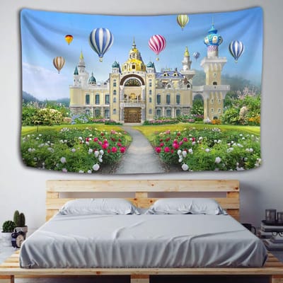 Hete Luchtballon Kasteel Wandkleed Muurdecoratie Stadsbouw Bohemien Sprei Reismatras Slaapkamer Achtergrond Decoratie 95x70CM beige