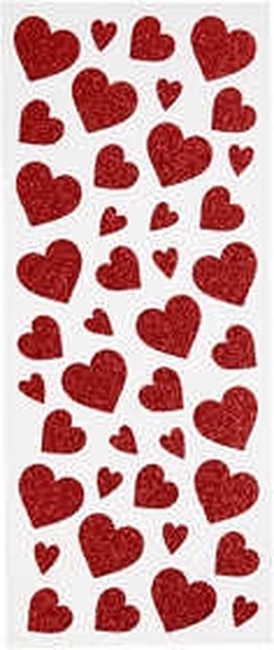 Glitterstickers, harten, vel 10x24 cm, ca. 84 stuk, rood, 2 vel/ 1 doos