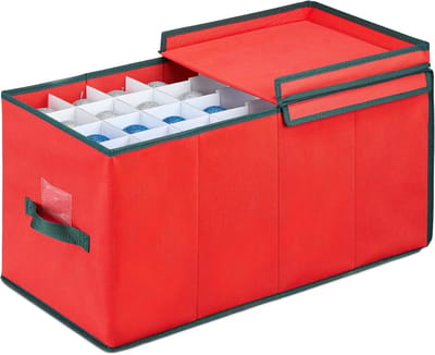 Famanu - Kerstballen opbergbox, voor 128 ballen, HxBxD: 30 x 30 x 60 cm, met handgreep, vlies, karton, rood/groen