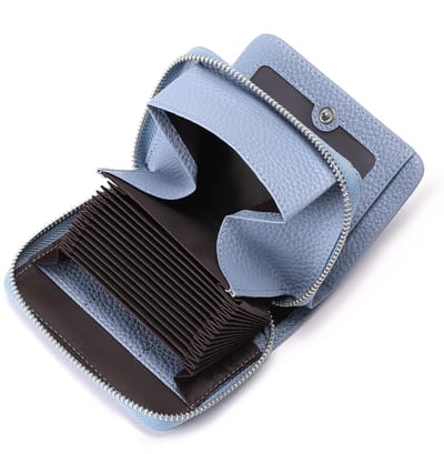 Dailygoods- Portemonnee Dames Klein - Leer - Opvouwbaar - Kaarthouder met RFID-blokkering - 16 Kaartsleuven - Lichtblauw - 11,5 x 9 x 3,5 cm - Damesportemonnee