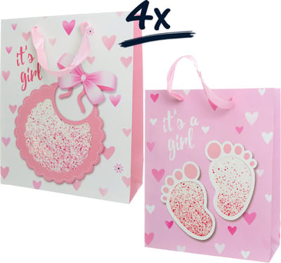 Set van 4 Stevige Draagtassen - Babyshower Cadeautasjes voor Meisje (it's a Girl) met Confetti Design (26x32x10)cm