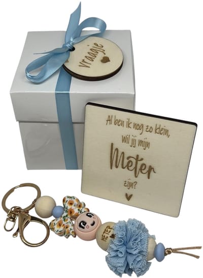 Sleutelhanger Wil je mijn METER zijn? | BLAUW | poppetje |meter vragen | meter worden | meter worden | cadeau meter | Doosje met een vraag
