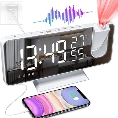 HAUSS SPOLE Digitale Wekker-LED Spiegelradio Met Projectie-Voor Slaapkamer En Reizen-Multifunctioneel En Oplaadbaar-18.3x7.5cm-ABS-Wit