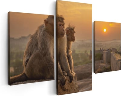 Artaza Canvas Schilderij Drieluik Twee Apen Bekijken De Zonsondergang - 90x60 - Foto Op Canvas - Canvas Print