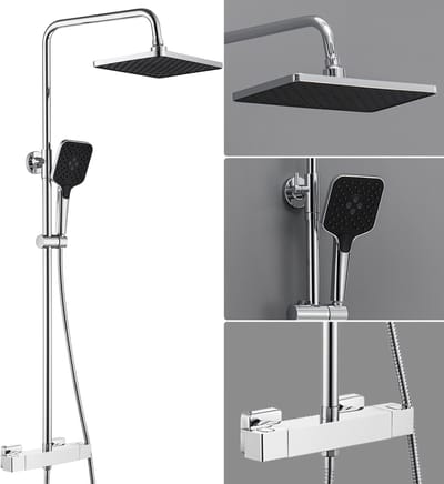 Auralum Max Regendouche - Ø 30 cm - Handdouche met 3 Standen - Inclusief thermostaatkraan - Doucheset - Verstelbare Hoogte 90-125 cm - Wandmontage - Waterbesparend - Chroom