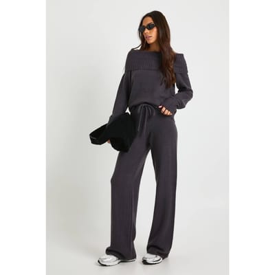 boohoo Dames Lange Dikgebreide Bardot-trui en Broek met Rechte Pijpen Set | Charcoal | Maat: Small