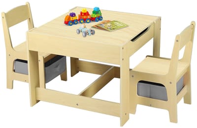 Kinder Tafel-3-delig(1 Tafel + 2 Stoelen)-Dubbelzijdige kindertekentafel-Natuur
