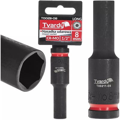 Tvardy Lange slagdop 8 mm - chroom-molybdeenstaal - 6-kant - vierkante aansluiting 12,7 mm - zwart - voor slagmoersleutel, auto en industrie