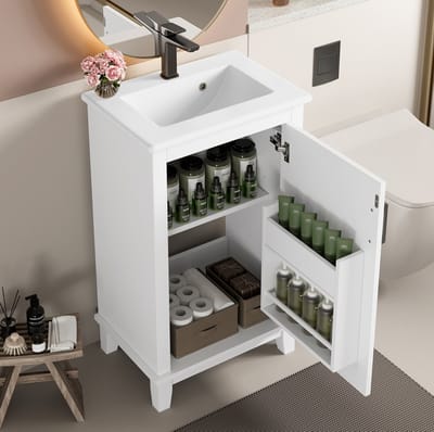 DESMIU Badkamerkast - Vrijstaand Wastafelmeubel Met Keramische Wastafel En Verstelbare Plank - Voor Kleine Badkamer - MDF En Wit - 51x34x83 Cm