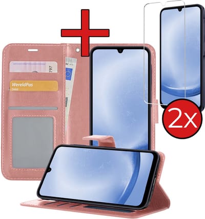 Hoesje - Met 2x Screenprotector - Geschikt voor Samsung Galaxy A25 - Luxe Pasjeshouder - Flip Case - Bookcase Portemonee - Kunstleer Book Case - Flipcase Hoes - Book Cover - Walletcase - Portemonneehoes - Telefoonhoes - Rosé goud