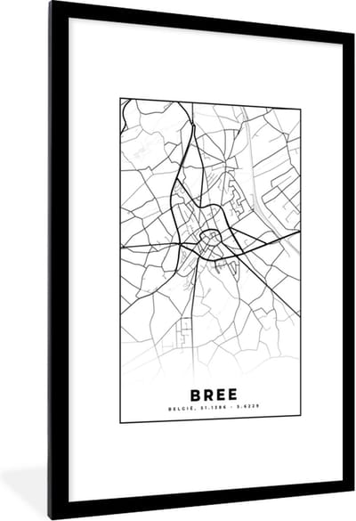Fotolijst incl. Poster Zwart Wit- Stadskaart – Plattegrond – België – Zwart Wit – Bree – Kaart - 80x120 cm - Posterlijst