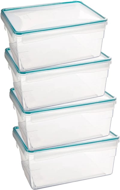 5Five Vershoudbakje TRITON - 4x - deksel met zijklemmen - kunststof - luchtdicht - 25 x 18 x 12 cm - 3700 ml - transparant/blauw