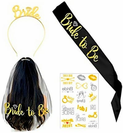 4-delige Bride to Be set zwart met goud - bride to be - vrijgezellenfeest - sluier - diadeem - tatoeage - trouwen - huwelijk - bruid - zwart