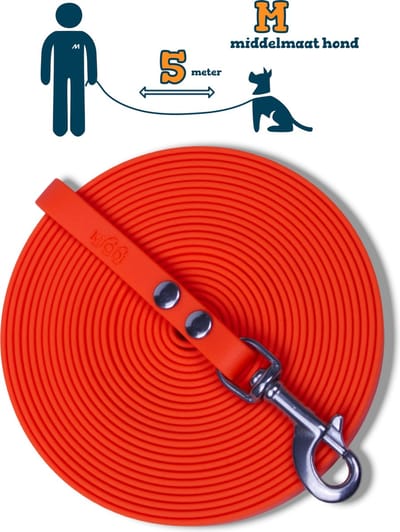Miqdi BioThane® Sleeplijn 5 meter – zonder handvat – M (13 mm) – neon oranje – waterdicht & sterk