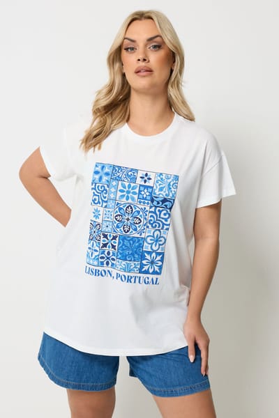 Yours Wit En Blauw Tshirt Met ‘Lisbon Portugal’Print Size 42