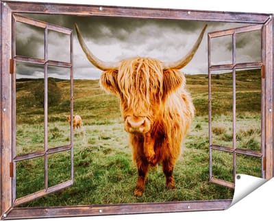 Gards Tuinposter Doorkijk Schotse Hooglanders in de Weide met Wolken - 150x100 cm - Tuindoek - Tuindecoratie - Wanddecoratie buiten - Tuinschilderij