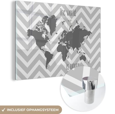 ® Glasschilderij 120x80 cm - Schilderij acrylglas - Wereldkaart - Grijs - Patroon - Foto op glas - Muurdecoratie woonkamer - Wanddecoratie slaapkamer - Schilderijen