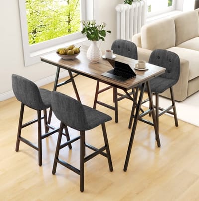 Barkrukken Set Met Bartafel - 5 Delig - Comfortabel Met Dikke Vulling En Rugleuning - Voor Keuken En Eethoek - Stof Donkergrijs