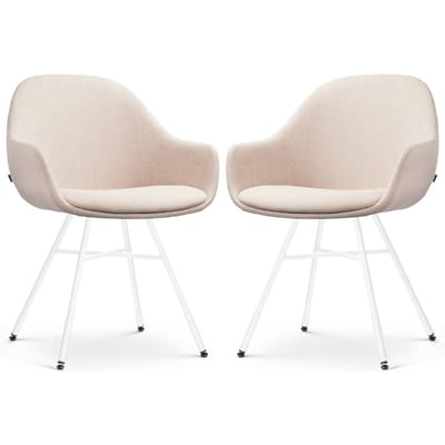 Nolon Noa-Mae Eetkamerstoelen Set van 2 Beige - met Armleuning - Stof - Wit Metalen Poten - Design - Scandinavisch - Comfortabel