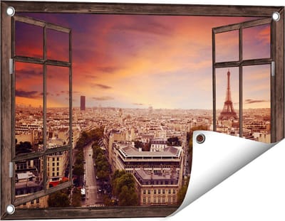 Gards Tuinposter Doorkijk Skyline Parijs met Eiffeltoren - 60x40 cm - Tuindoek - Tuindecoratie - Wanddecoratie buiten - Tuinschilderij