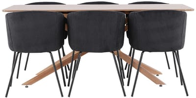 Piazza eethoek tafel 90x180cm en 6 fluwelen stoelen met armleuningen mocca.