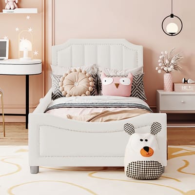 KOMHTOM Bed kinderbed 90x200 cm Gestoffeerd slaapbank met rugleuning bijzetbed Beige