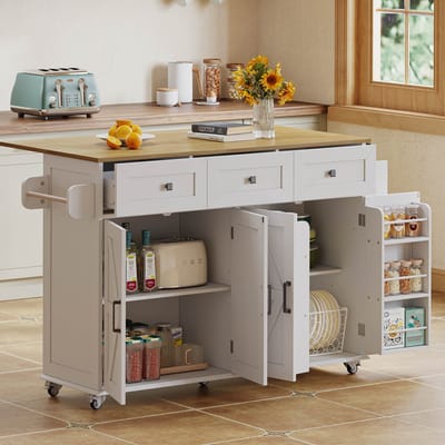 STILVORA Keukeneiland - Klapbaar Werkblad En 4 Deuren 3 Laden - Voor Keuken - MDF - 140x43x90,5 Cm - Wit; Natuurlijk