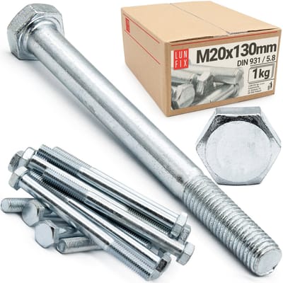 LUN FIX - Zeskantschroeven M20 x 130 - 1kg - 2 Stuks - DIN 931 Deellast, Klasse 5.8 - verzinkte staal schroeven met zeskantige kop
