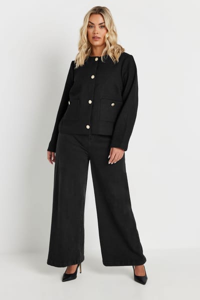 Yours Bouclé Jack Met Knoopsluiting En Zakken In Zwart Size 46