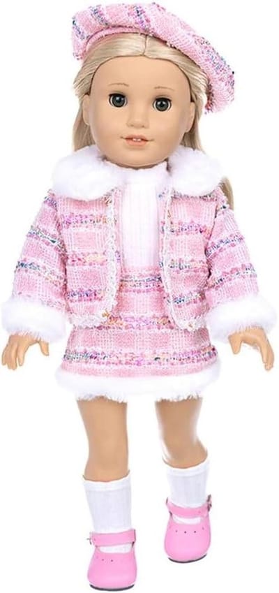 Poppenkleding Winter Outfit - Tweed Pak Baret - Poppen Aankleden - Modieuze Stijl - 18 Inch Pop - Roze