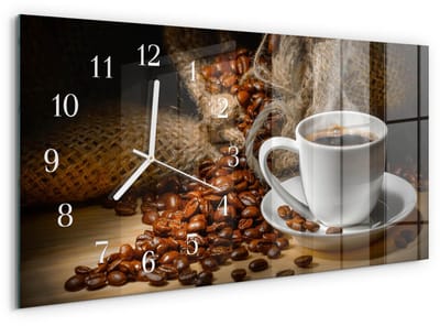 Tulup Wandklok - Koffie Gekleurde Glazen Klok - 60x30 cm - Bruin Glazen Klok Met Print - Witte Handen - Rechthoekige Wandklok - Wandklok Glas Met Motief - Decoratieve Glazen Klok